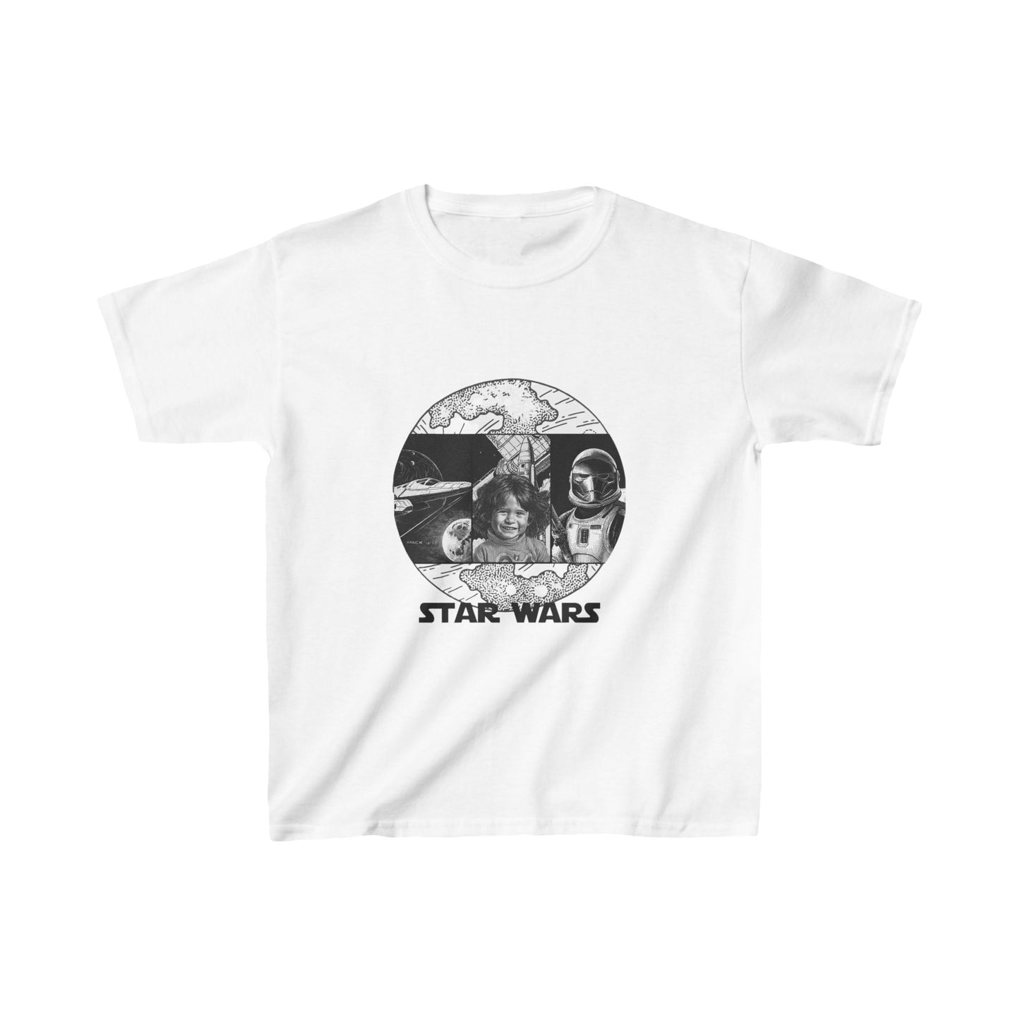 Personalized Star Wars Unisex Kids Shirt with Custom Photo - Black & White Inked Design