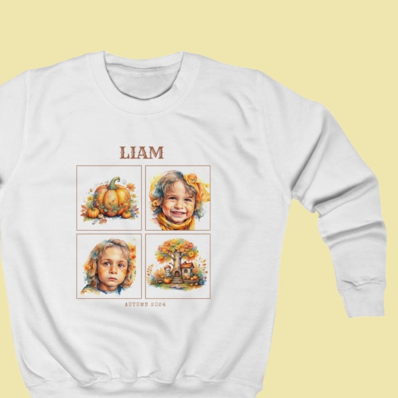 Custom Kids' Autumn Sweatshirt with Personalized Watercolor Portraits