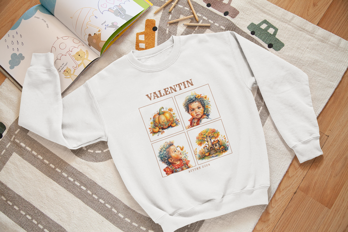 Custom Kids' Autumn Sweatshirt with Personalized Watercolor Portraits