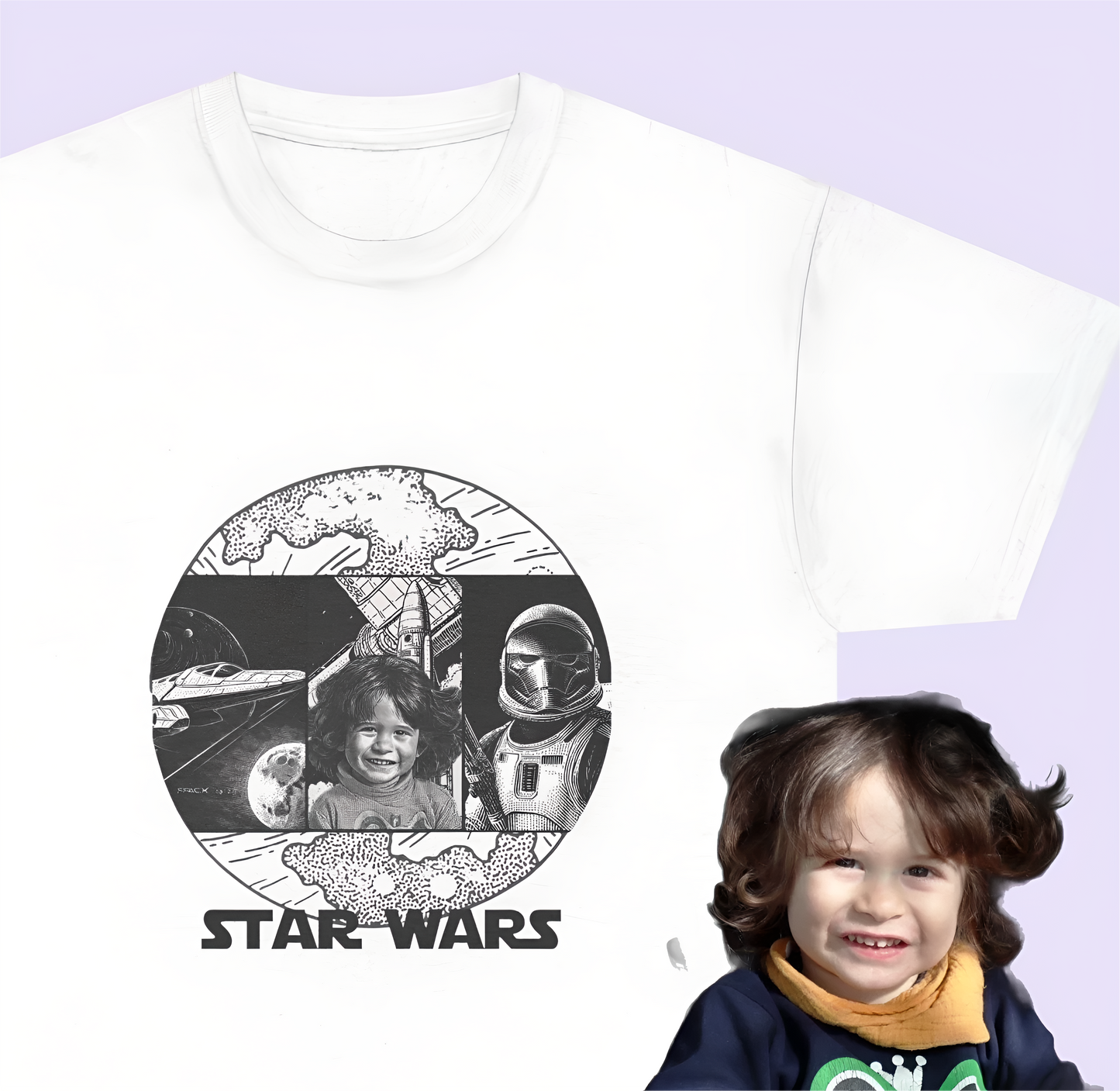 Personalized Star Wars Unisex Kids Shirt with Custom Photo - Black & White Inked Design