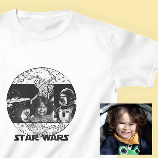 Personalized Star Wars Unisex Kids Shirt with Custom Photo - Black & White Inked Design