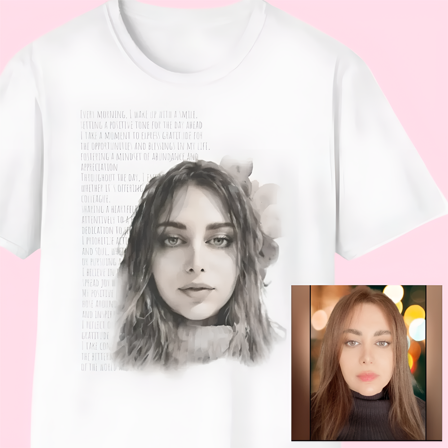 🎨 Personalisiertes Kurzarm-T-Shirt: Monochromes Aquarellporträt mit positiven Aussagen 🖼️